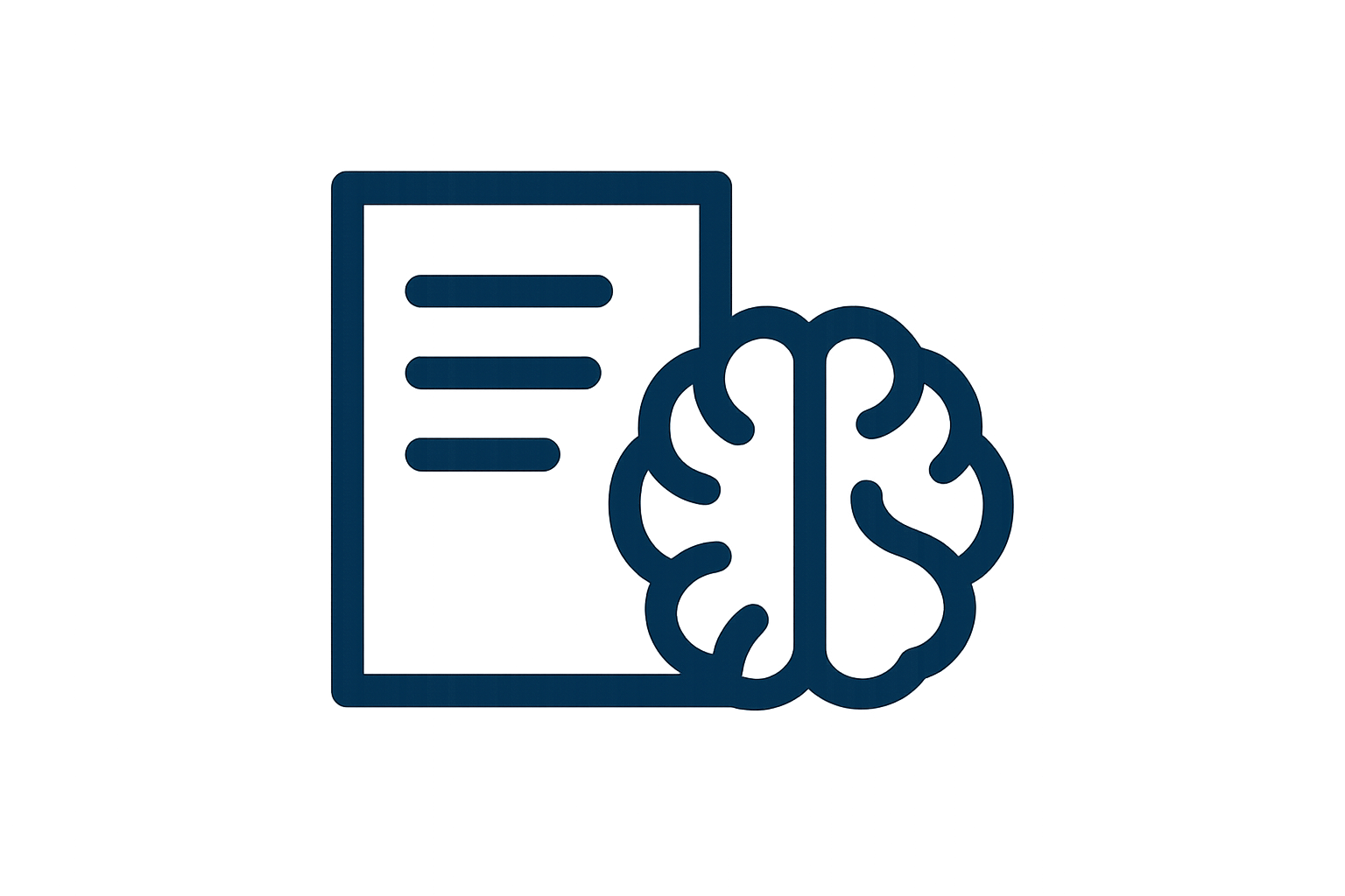 Design a minimalist vector icon representing 'Crystal-Clear Notes That Stick in Your Memory'. Show a sheet of paper with sharp, clear text lines, placed next to a simple brain or lightbulb symbol to suggest memory retention. Use a flat, modern style with solid #0E1B4D only. Fit the design within a reasonably sized pixel bounding box (80x80 px to 96x96 px), optimized for mobile product cards. Transparent background, no gradients, no shadows. Ensure strong clarity and recognizability at small sizes.
