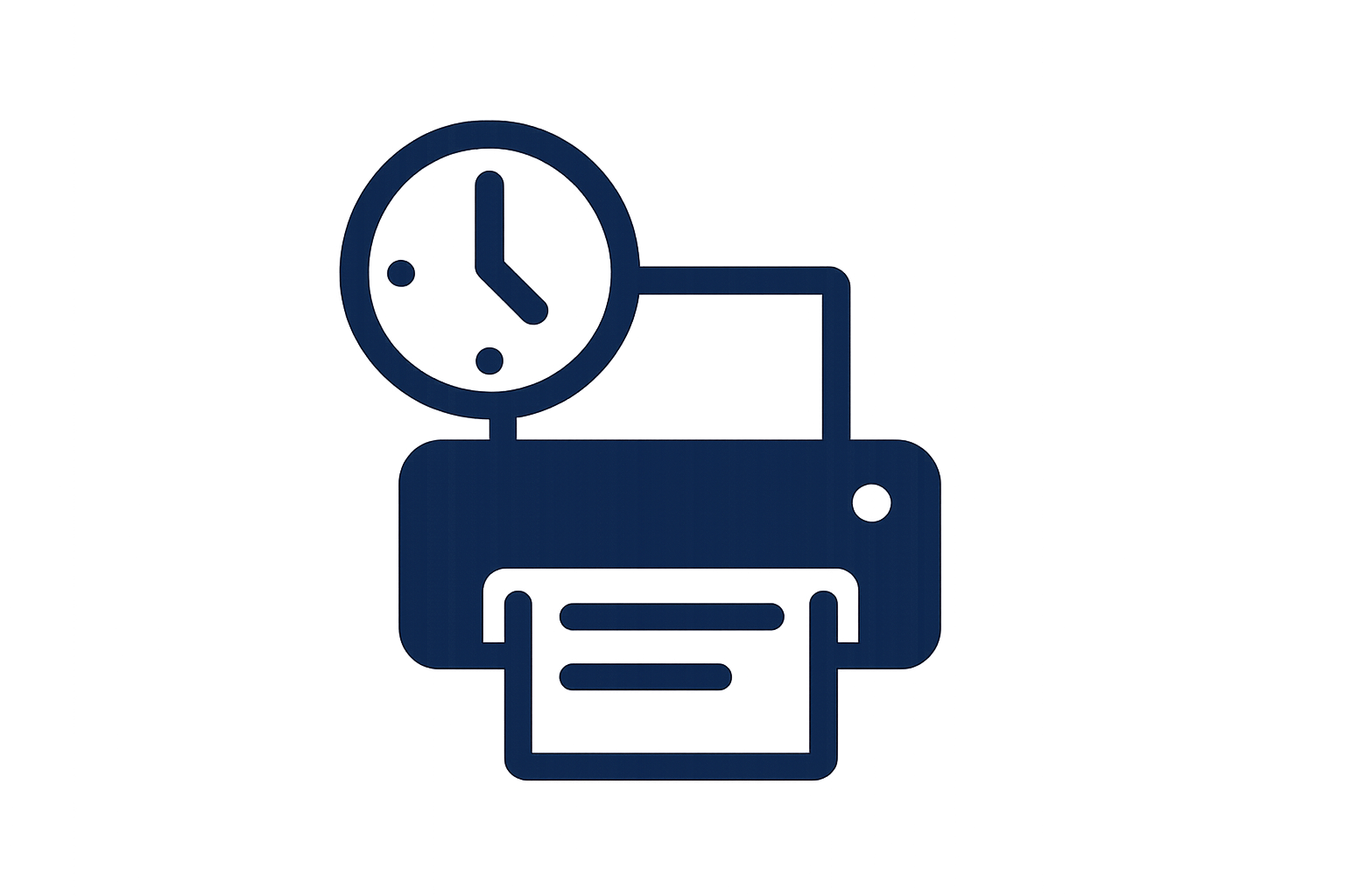 Design a minimalist vector icon representing 'Save Time, Learn Faster'. Show a small clock symbol next to a portable printer outputting a sheet of paper, symbolizing speed and efficiency. Use a flat, modern style with solid #0E1B4D only. Fit the design within a reasonably sized pixel bounding box (80x80 px to 96x96 px), optimized for mobile product cards. Transparent background, no gradients, no shadows. Simple and instantly recognizable at small sizes.