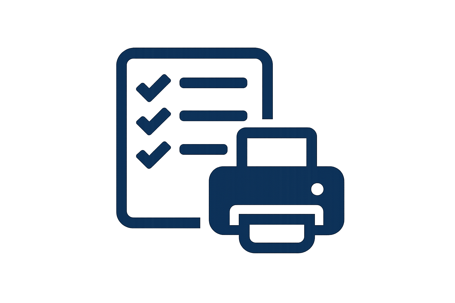 Design a minimalist vector icon representing 'Stay Organized Beyond Language Learning'. Show a simple checklist or notepad with multiple lines and small checkmarks, placed next to a portable printer symbol. Use a flat, modern style with solid #0E1B4D only. Fit the design within a reasonably sized pixel bounding box (80x80 px to 96x96 px), optimized for mobile product cards. Transparent background, no gradients, no shadows. Ensure clarity and recognizability at small sizes.