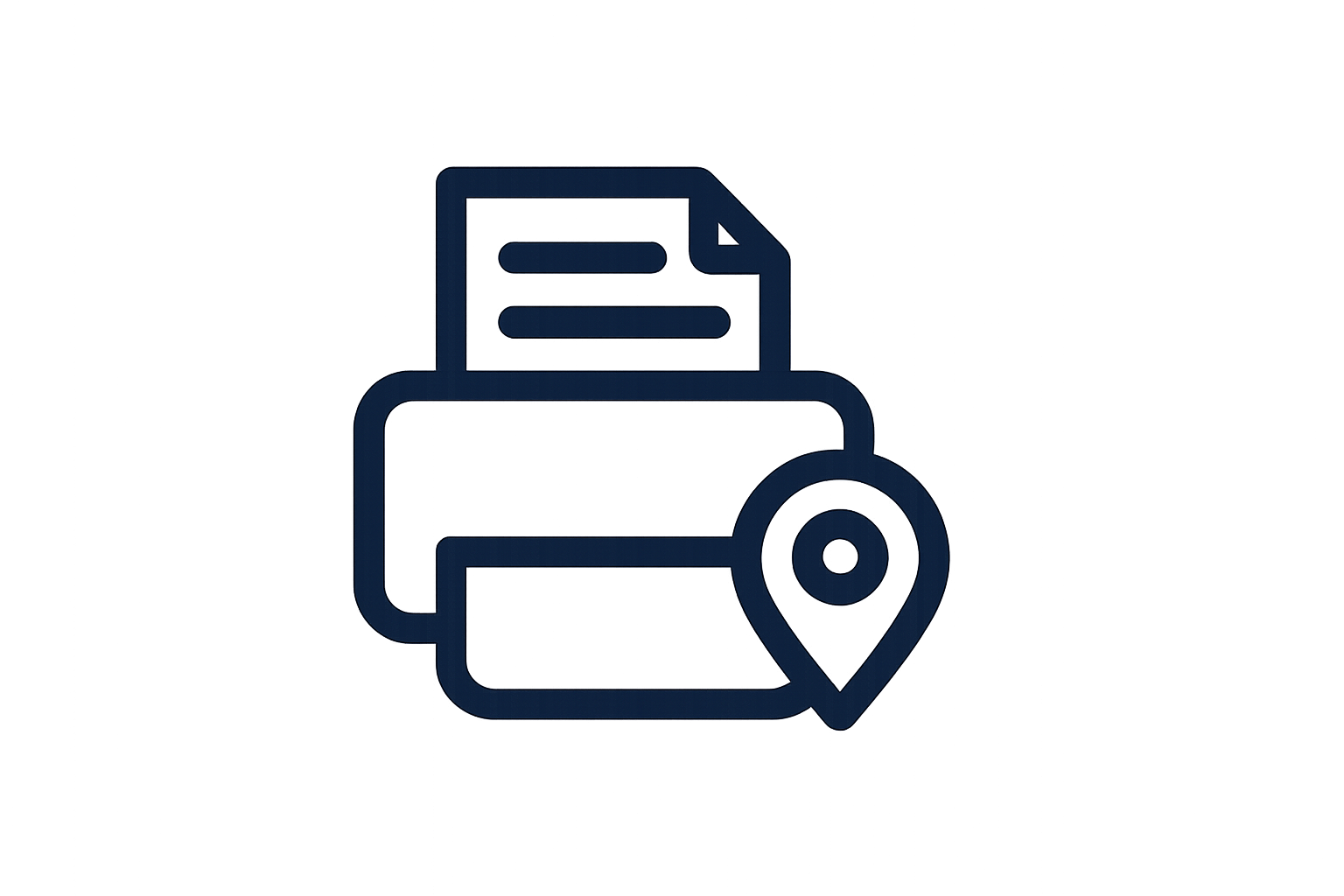 Design a minimalist vector icon representing 'Study Anywhere, Stay Consistent'. Show a small portable printer with a sheet of paper coming out, next to a simple globe or location pin symbol to represent studying anywhere. Use a flat, modern style with solid #0E1B4D only. Fit the design within a reasonably sized pixel bounding box (80x80 px to 96x96 px), optimized for mobile product cards. Transparent background, no gradients, no shadows. Clear and recognizable even at small sizes.