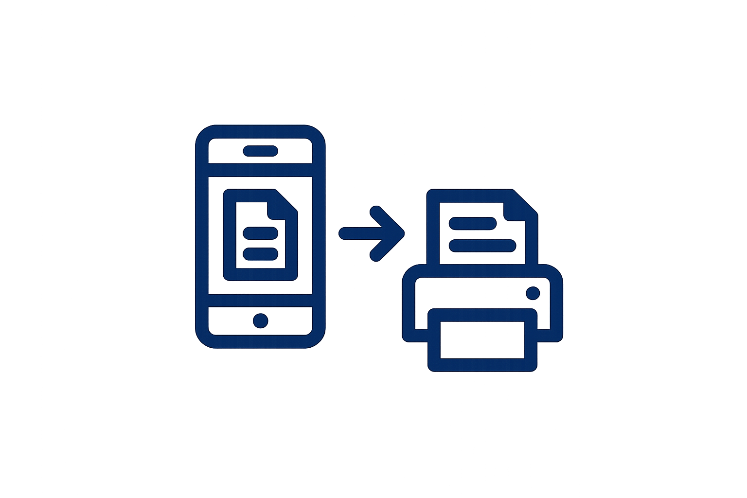 Design a minimalist vector icon representing 'Turn Digital Notes Into Real Practice Tools'. Show a smartphone with a document or note symbol on its screen, with an arrow pointing toward a small portable printer outputting a paper sheet. Use a flat, modern style with solid #0E1B4D only. Fit the design within a reasonably sized pixel bounding box (80x80 px to 96x96 px), optimized for mobile product cards. Transparent background, no gradients, no shadows. Simple and recognizable at small sizes.