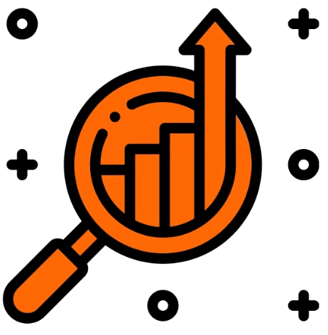 a magnify glass with graphs pointing up